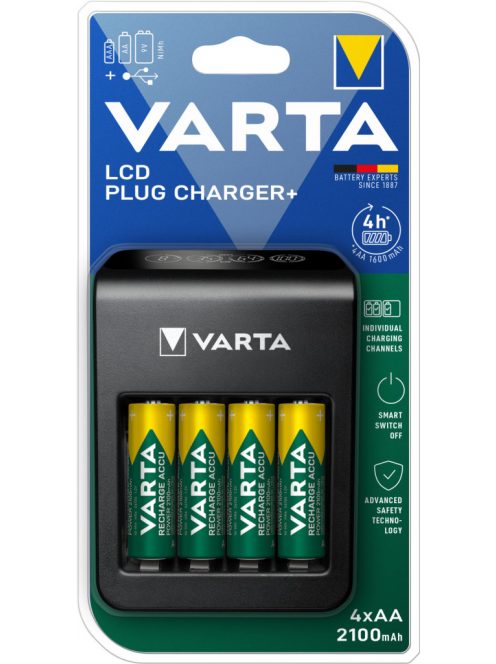 Elemtöltő, akku LCD Plug töltő + 4 db AA 2100 mAH Varta 