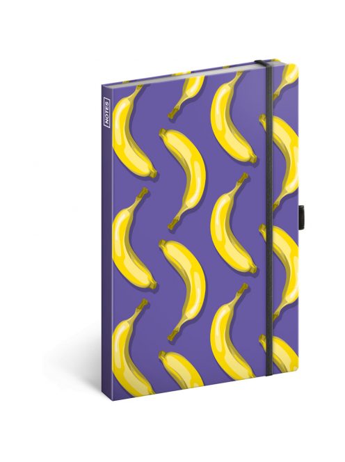 Keménytáblás notesz vonalas krémszínű lapokkal leszorító gumiszalaggal Bananas  130x210mm, Presco