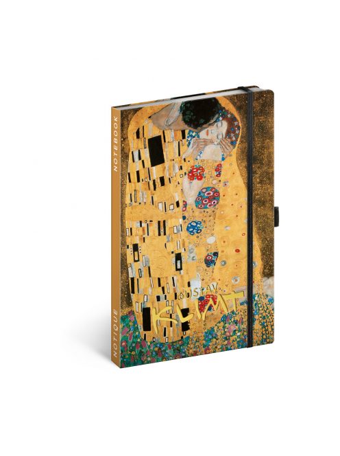 Keménytáblás notesz vonalas krémszínű lapokkal leszorító gumiszalaggal Gustav Klimt 130x210mm, Presco