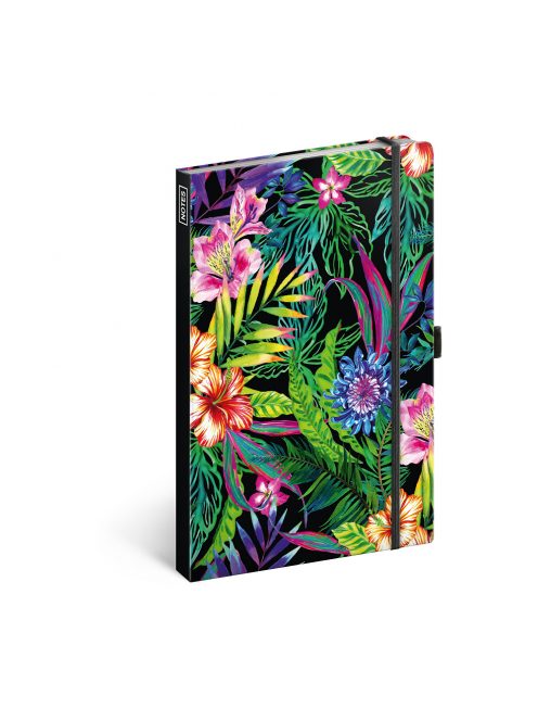 Keménytáblás notesz vonalas krémszínű lapokkal leszorító gumiszalaggal Tropical  130x210mm, Presco