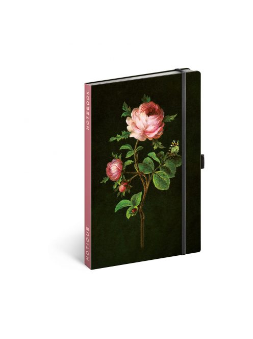 Keménytáblás notesz pontozott vonalozással krémszínű lapokkal leszorító gumiszalaggal Roses 130x210mm, Presco