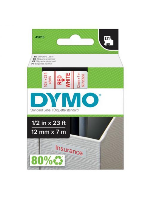 Feliratozógép szalag Dymo Letratag Dymo D1 S0720550/45015 12mmx7m, ORIGINAL, piros/fehér 