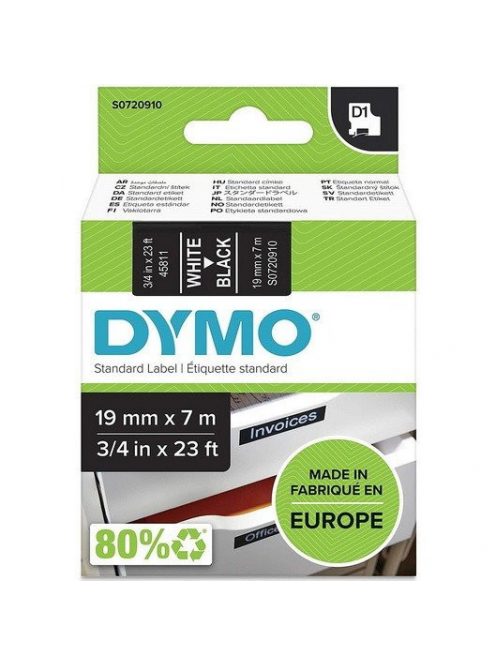 Feliratozógép szalag Dymo D1 S0720910/45811 19mmx7m, ORIGINAL, fehér/fekete 