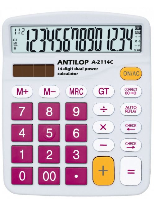 Számológép asztali 14 számjegy nagy, döntött kijelző bordó gombok fehér száml, ap Antilop A-2114C